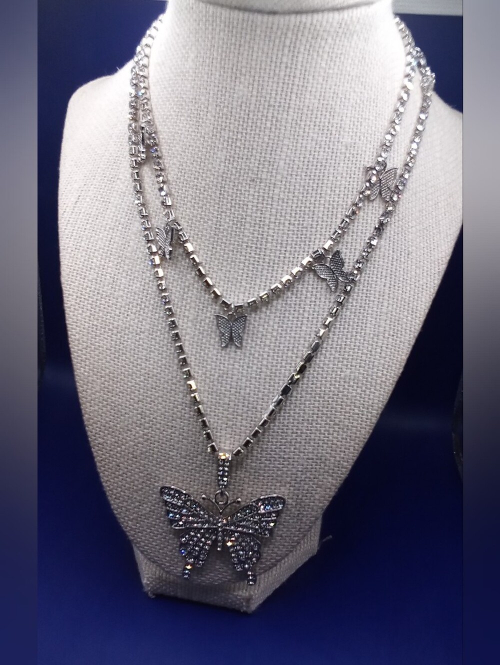 Silver Butterfly Layered Necklace - Sparkling Crystal Accents